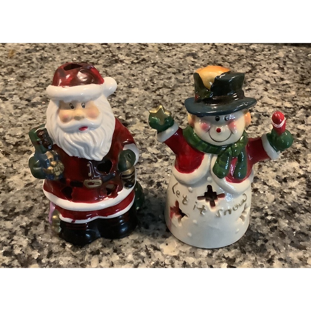 Hallmark Snowman/Santa Clause Ceramic Tea Light Candle Luminary Holder